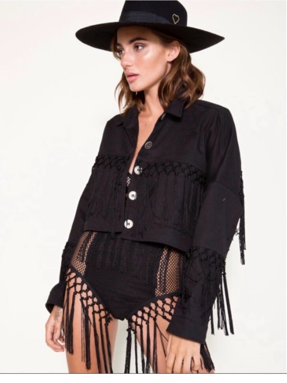 EastNWestLabel Farrah White Fringe Rodeo Cowgirl Western Boho Crop Jacket  Sz XS
